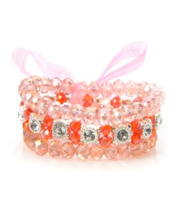L&J Accessories Triple Row Pink and Red Glass Stretch Bracelet