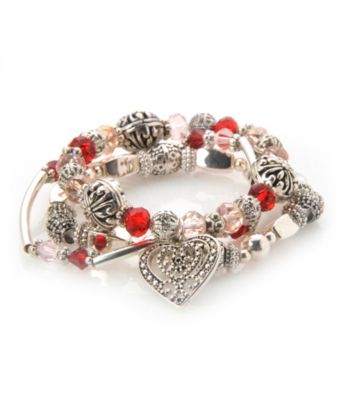 L&J Accessories Three Row Red and Pink Glass with Silvertone Heart Bracelet