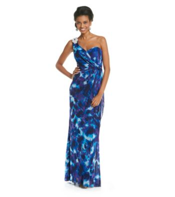 Xscape Printed Side Ruffle Dress