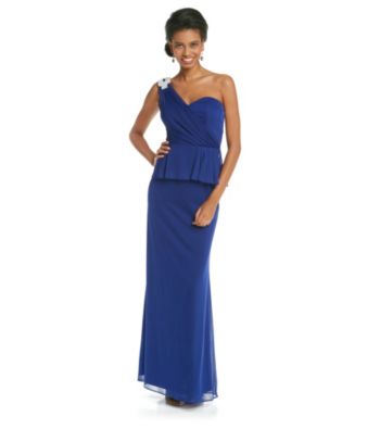 Xscape One-Shoulder Peplum Long Gown