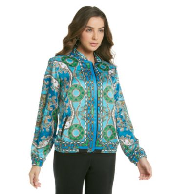 NY Collection Bomber Jacket with Placement Print Allover