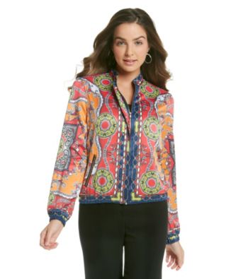 NY Collection Bomber Jacket with Allover Placement Print