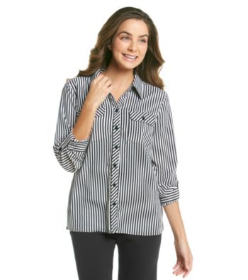 Notations® Striped Button-Front Roll-Sleeves Blouse