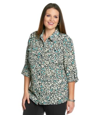 Notations® Plus Size Printed Roll-Tab Shirt
