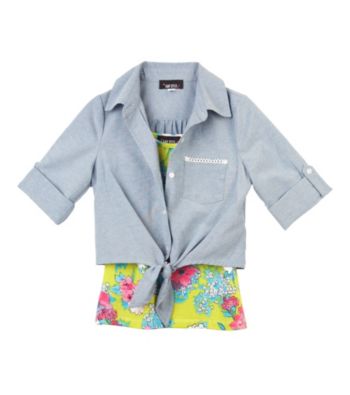 Amy Byer Girls' 7-16 Blue Chambray Floral Tie-Front Top