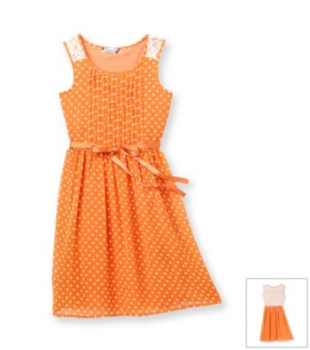 Speechless® Girls' 7-16 Orange Pleated Dot Lace Back Belted Dress
