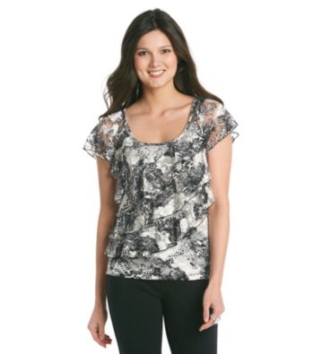 AGB® Lace Tiered Paisley Printed Knit Top