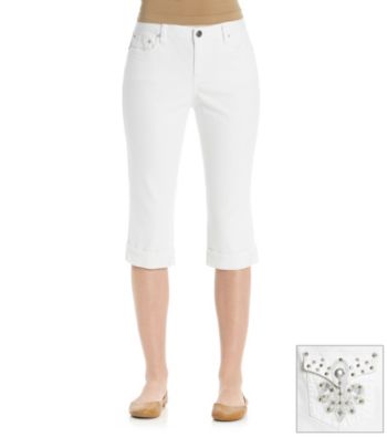 Earl Jean Beaded Fleur De Lis Denim Capri
