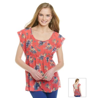 Eyeshadow® Juniors' Floral Crochet-Back Chiffon Babydoll