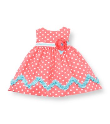 Rare Editions® Baby Girls' Coral Polka-Dot Zigzag Ruffle Dress