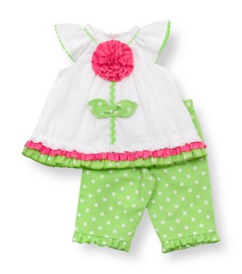 Rare Editions® Baby Girls' White/Green Flower Polka-Dot Leggings Set