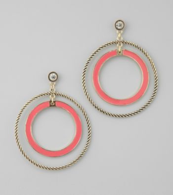 GUESS Coral And Goldtone Double Ring Hoop Earrings