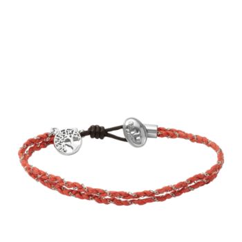 Fossil® Silvertone/Coral Friendship Bracelet with Tree Charm