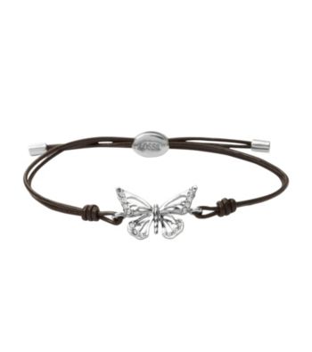 Fossil® Chocolate Cord Wrist Wrap With Silvertone Simulated Crystal Openwork Butterfly