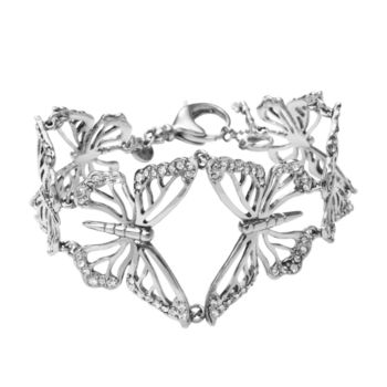 Fossil® Silvertone & Simulated Crystal Open Work Butterflies Flex Bracelet