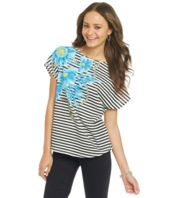 Chaus Stripe Drape Sleeve Floral Stripe Tee