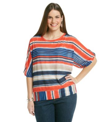 Rafaella® Plus Size Printed Sheer Stripe Dolman Top
