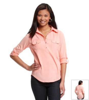 Eyeshadow® Juniors' Knit Woven Roll Sleeve Henley