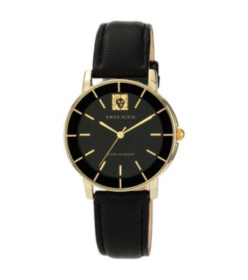 Anne Klein® Women's Goldtone and Black Leather Strap Watch