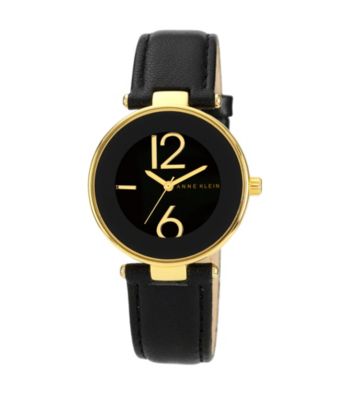 Anne Klein® Women's Goldtone and Black Leather Strap Watch