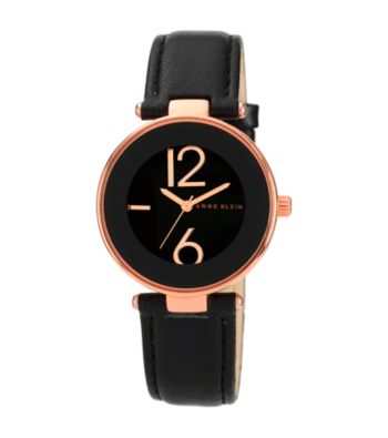 Anne Klein® Women's Rose Goldtone and Black Leather Strap Watch