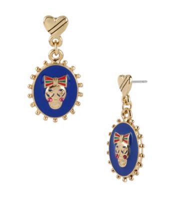 Betsey Johnson® Goldtone & Blue Oval Skull Drop Earrings