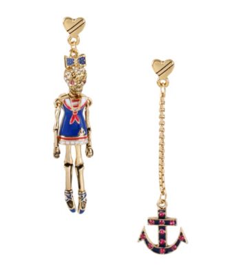 Betsey Johnson® Goldtone & Blue Sailor Skull & Anchor Mismatch Earrings