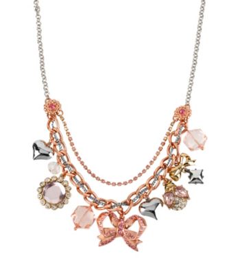 Betsey Johnson® Rose Goldtone, Silvertone & Pink Bow Multi Charm Frontal Necklace