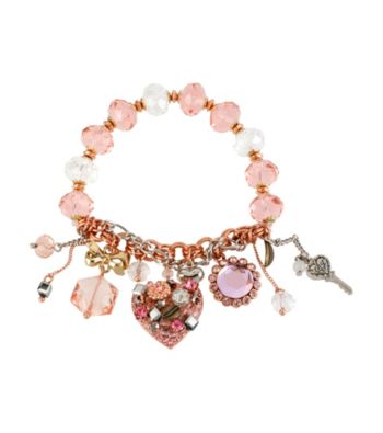 Betsey Johnson® Rose Goldtone, Silvertone & Pink Vintage Heart Multi Charm Half Stretch Bracelet