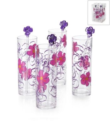 LivingQuarters 4-pc. Tall Clear Cups with Floral Themed Stirrers