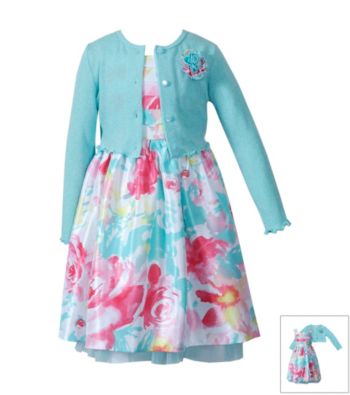 Sweet Heart Rose® Girls' 2T-6X Coral/Aqua Floral Dress with Cardigan