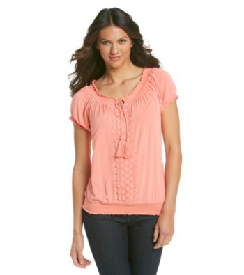 Oneworld Scoopneck Peasant Top With Crochet Overlay