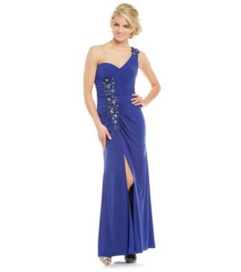 Xscape One Shoulder Jeweled Long Dress