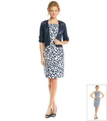 AGB® Dot Print Sheath Dress with Drapefront Sweater