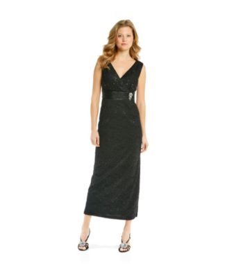 R & M Richards® Petites' Surplice Long Lace Dress