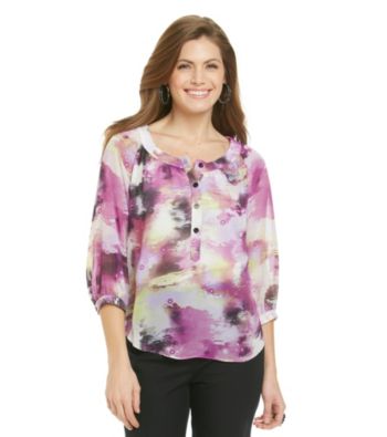 AGB® Petites' Peasant Style Woven Print Blouse