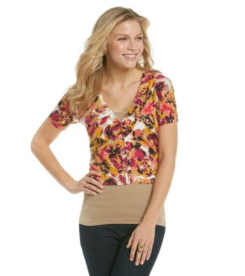 Relativity® Printed V-Neck Shine Button Dolman Cardigan
