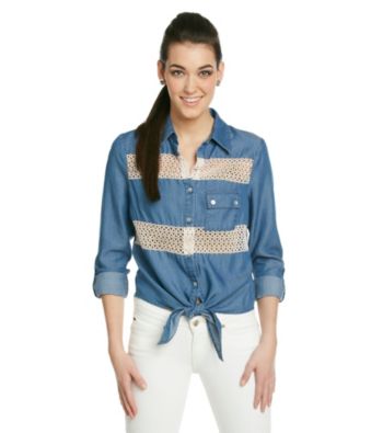 Lovemarks Crochet Tie Front Denim Shirt