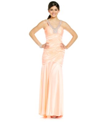 City Triangles® Juniors' Beaded Strap Ruched Gown