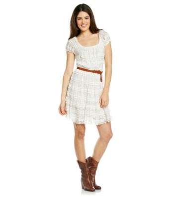 Trixxi Juniors' Ivory Lace Cap Sleeve Belted Dress