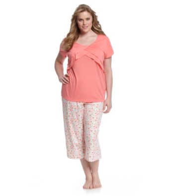 KN Karen Neuburger Plus Size Flutter Top Combo Pajama Set - Coral Ditsy