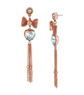 Betsey Johnson® Crystal Heart & Mesh Bow Linear Earrings
