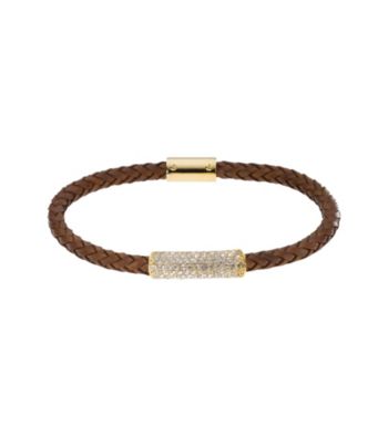 Michael Kors® Goldtone & Luggage Thin Braided Leather with Clear Crystal Pave Bracelet