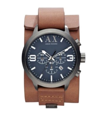 A|X Armani Exchange Men's Polished Gunmetal with Medium Brown Leather Street Cuff Watch