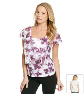 AGB® Scallop Tiered Lace Printed Knit Top