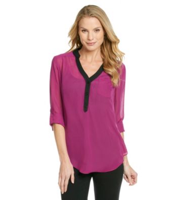 AGB® Contrast Placket Mandarin Collar Woven Top
