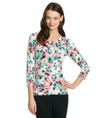 Relativity® Printed Cardigan with Jewel Buttons