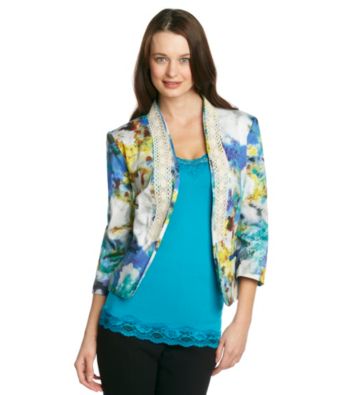 Notations® Open-Front Crochet-Trim Printed Blazer