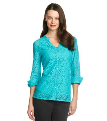 Notations® Y-Neckline Button-Front Lace Blouse