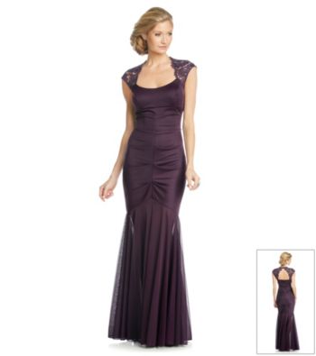 Xscape Long Ruched Dress With Lace